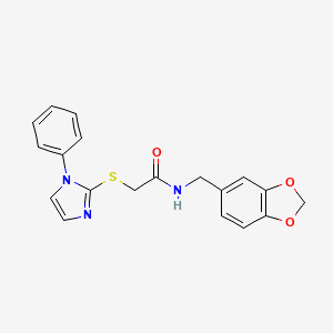 molecular formula C19H17N3O3S B2735671 N-(1,3-苯并二噁杂环戊-5-基甲基)-2-(1-苯基咪唑-2-基)硫代乙酰胺 CAS No. 851130-90-0