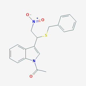 molecular formula C19H18N2O3S B273583 1-{3-[1-(benzylsulfanyl)-2-nitroethyl]-1H-indol-1-yl}ethanone 