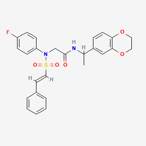 molecular formula C26H25FN2O5S B2735937 N-[1-(2,3-Dihydro-1,4-benzodioxin-6-yl)ethyl]-2-(4-fluoro-N-[(E)-2-phenylethenyl]sulfonylanilino)acetamide CAS No. 1030140-89-6