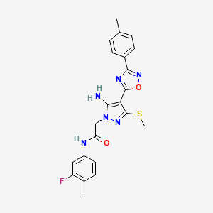 molecular formula C22H21FN6O2S B2736073 2-[5-amino-4-[3-(4-methylphenyl)-1,2,4-oxadiazol-5-yl]-3-(methylthio)-1H-pyrazol-1-yl]-N-(3-fluoro-4-methylphenyl)acetamide CAS No. 1188305-28-3