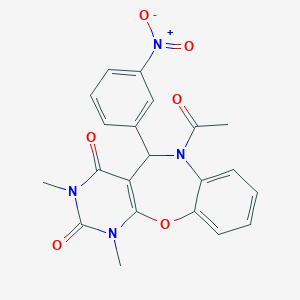 molecular formula C21H18N4O6 B273611 6-acetyl-5-{3-nitrophenyl}-1,3-dimethyl-5,6-dihydropyrimido[4,5-b][1,5]benzoxazepine-2,4(1H,3H)-dione 