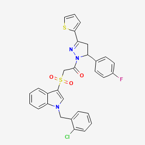 molecular formula C30H23ClFN3O3S2 B2736132 2-((1-(2-chlorobenzyl)-1H-indol-3-yl)sulfonyl)-1-(5-(4-fluorophenyl)-3-(thiophen-2-yl)-4,5-dihydro-1H-pyrazol-1-yl)ethanone CAS No. 850933-15-2