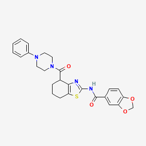 molecular formula C26H26N4O4S B2736142 N-(4-(4-苯基哌嗪-1-甲酰)-4,5,6,7-四氢苯并[d]噻唑-2-基)苯并[d][1,3]二噁烷-5-羧酰胺 CAS No. 955662-11-0