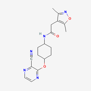 molecular formula C18H21N5O3 B2736379 N-((1r,4r)-4-((3-cyanopyrazin-2-yl)oxy)cyclohexyl)-2-(3,5-dimethylisoxazol-4-yl)acetamide CAS No. 2034398-75-7