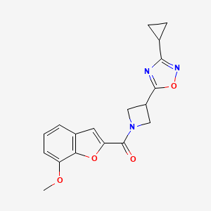 molecular formula C18H17N3O4 B2736574 (3-(3-Cyclopropyl-1,2,4-oxadiazol-5-yl)azetidin-1-yl)(7-methoxybenzofuran-2-yl)methanone CAS No. 1351597-45-9