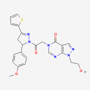 molecular formula C23H22N6O4S B2736616 1-(2-hydroxyethyl)-5-(2-(5-(4-methoxyphenyl)-3-(thiophen-2-yl)-4,5-dihydro-1H-pyrazol-1-yl)-2-oxoethyl)-1H-pyrazolo[3,4-d]pyrimidin-4(5H)-one CAS No. 900011-63-4