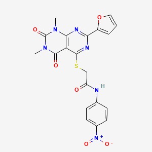 molecular formula C20H16N6O6S B2736629 2-((2-(furan-2-yl)-6,8-dimethyl-5,7-dioxo-5,6,7,8-tetrahydropyrimido[4,5-d]pyrimidin-4-yl)thio)-N-(4-nitrophenyl)acetamide CAS No. 847191-08-6