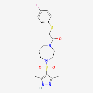 molecular formula C18H23FN4O3S2 B2736798 1-(4-((3,5-dimethyl-1H-pyrazol-4-yl)sulfonyl)-1,4-diazepan-1-yl)-2-((4-fluorophenyl)thio)ethanone CAS No. 1902957-90-7