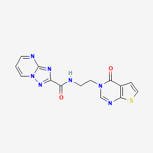 molecular formula C14H11N7O2S B2736897 N-(2-(4-oxothieno[2,3-d]pyrimidin-3(4H)-yl)ethyl)-[1,2,4]triazolo[1,5-a]pyrimidine-2-carboxamide CAS No. 2034320-47-1
