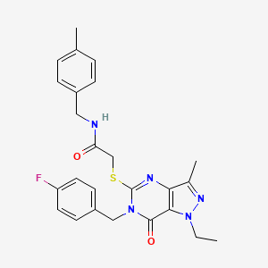 molecular formula C25H26FN5O2S B2736922 2-({1-ethyl-6-[(4-fluorophenyl)methyl]-3-methyl-7-oxo-1H,6H,7H-pyrazolo[4,3-d]pyrimidin-5-yl}sulfanyl)-N-[(4-methylphenyl)methyl]acetamide CAS No. 1359174-18-7