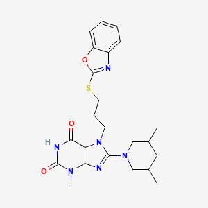 molecular formula C23H28N6O3S B2737054 7-[3-(1,3-benzoxazol-2-ylsulfanyl)propyl]-8-(3,5-dimethylpiperidin-1-yl)-3-methyl-2,3,6,7-tetrahydro-1H-purine-2,6-dione CAS No. 676154-46-4