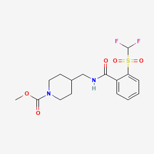 molecular formula C16H20F2N2O5S B2737108 Methyl 4-((2-((difluoromethyl)sulfonyl)benzamido)methyl)piperidine-1-carboxylate CAS No. 1797213-29-6