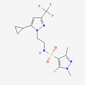 molecular formula C15H20F3N5O2S B2737165 N-(2-(5-cyclopropyl-3-(trifluoromethyl)-1H-pyrazol-1-yl)ethyl)-1,3,5-trimethyl-1H-pyrazole-4-sulfonamide CAS No. 1797236-96-4
