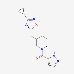 molecular formula C16H21N5O2 B2737195 3-[(3-环丙基-1,2,4-噁二唑-5-基)甲基]-1-(1-甲基-1H-吡唑-5-甲酰)哌啶 CAS No. 2034537-07-8