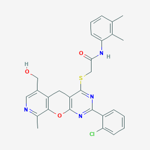 molecular formula C28H25ClN4O3S B2737259 2-((2-(2-chlorophenyl)-6-(hydroxymethyl)-9-methyl-5H-pyrido[4',3':5,6]pyrano[2,3-d]pyrimidin-4-yl)thio)-N-(2,3-dimethylphenyl)acetamide CAS No. 892382-66-0