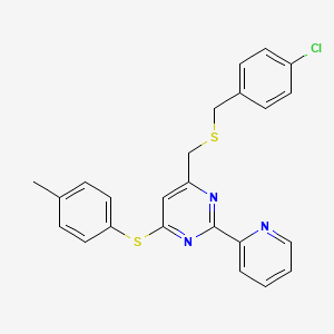 molecular formula C24H20ClN3S2 B2737346 4-(((4-Chlorobenzyl)sulfanyl)methyl)-6-((4-methylphenyl)sulfanyl)-2-(2-pyridinyl)pyrimidine CAS No. 338960-89-7