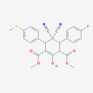 molecular formula C25H21FN2O5S B2737360 Dimethyl 5,5-dicyano-4-(4-fluorophenyl)-2-hydroxy-6-[4-(methylsulfanyl)phenyl]-1-cyclohexene-1,3-dicarboxylate CAS No. 1212279-29-2