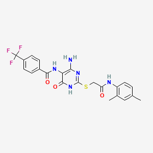 molecular formula C22H20F3N5O3S B2737422 N-(4-amino-2-((2-((2,4-dimethylphenyl)amino)-2-oxoethyl)thio)-6-oxo-1,6-dihydropyrimidin-5-yl)-4-(trifluoromethyl)benzamide CAS No. 888435-41-4