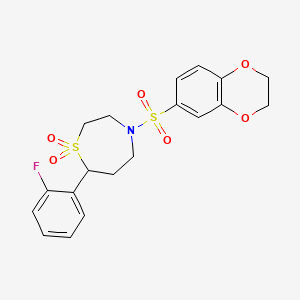 molecular formula C19H20FNO6S2 B2737513 4-((2,3-Dihydrobenzo[b][1,4]dioxin-6-yl)sulfonyl)-7-(2-fluorophenyl)-1,4-thiazepane 1,1-dioxide CAS No. 2034329-73-0