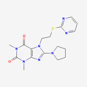 molecular formula C17H21N7O2S B2737529 1,3-dimethyl-7-(2-(pyrimidin-2-ylthio)ethyl)-8-(pyrrolidin-1-yl)-1H-purine-2,6(3H,7H)-dione CAS No. 676155-70-7