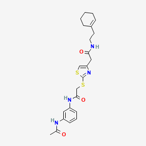 molecular formula C23H28N4O3S2 B2737573 N-(3-acetamidophenyl)-2-((4-(2-((2-(cyclohex-1-en-1-yl)ethyl)amino)-2-oxoethyl)thiazol-2-yl)thio)acetamide CAS No. 953983-34-1