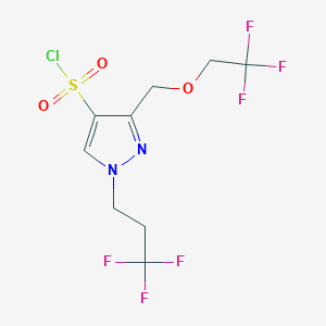 molecular formula C9H9ClF6N2O3S B2737599 3-[(2,2,2-trifluoroethoxy)methyl]-1-(3,3,3-trifluoropropyl)-1H-pyrazole-4-sulfonyl chloride CAS No. 1856031-62-3