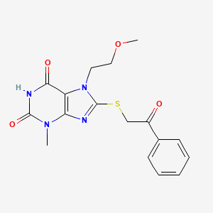 molecular formula C17H18N4O4S B2737810 7-(2-methoxyethyl)-3-methyl-8-((2-oxo-2-phenylethyl)thio)-1H-purine-2,6(3H,7H)-dione CAS No. 313470-54-1