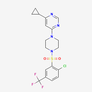 molecular formula C18H18ClF3N4O2S B2737887 4-(4-((2-氯-5-(三氟甲基)苯基)磺酰)哌嗪-1-基)-6-环丙基嘧啶 CAS No. 1797586-63-0