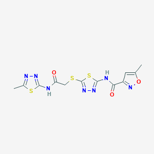 molecular formula C12H11N7O3S3 B2737915 5-methyl-N-(5-((2-((5-methyl-1,3,4-thiadiazol-2-yl)amino)-2-oxoethyl)thio)-1,3,4-thiadiazol-2-yl)isoxazole-3-carboxamide CAS No. 1219906-60-1