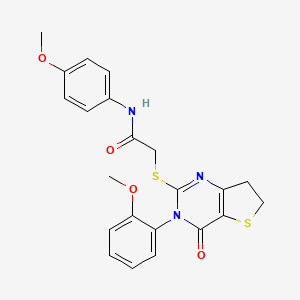 molecular formula C22H21N3O4S2 B2738047 N-(4-methoxyphenyl)-2-((3-(2-methoxyphenyl)-4-oxo-3,4,6,7-tetrahydrothieno[3,2-d]pyrimidin-2-yl)thio)acetamide CAS No. 362501-77-7