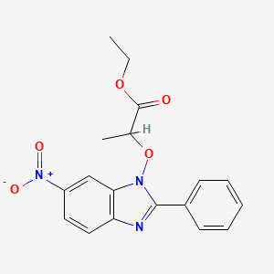 molecular formula C18H17N3O5 B2738067 乙酸-2-[(6-硝基-2-苯基-1H-1,3-苯并咪唑-1-基)氧基]丙酸乙酯 CAS No. 303148-99-4