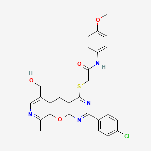 molecular formula C27H23ClN4O4S B2738075 2-((2-(4-氯苯基)-6-(羟甲基)-9-甲基-5H-吡啶并[4',3':5,6]吡喃[2,3-d]嘧啶-4-基)硫)-N-(4-甲氧基苯基)乙酰胺 CAS No. 892384-04-2