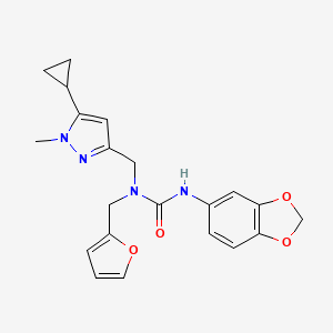 molecular formula C21H22N4O4 B2738126 3-(苯并[d][1,3]二氧杂环戊-5-基)-1-((5-环丙基-1-甲基-1H-吡唑-3-基)甲基)-1-(呋喃-2-基甲基)脲 CAS No. 1795442-84-0