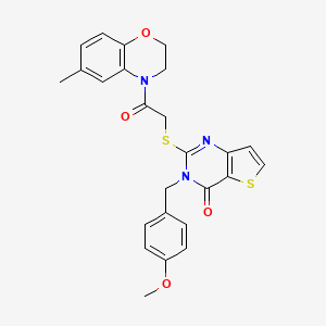 molecular formula C25H23N3O4S2 B2738130 3-(4-methoxybenzyl)-2-((2-(6-methyl-2H-benzo[b][1,4]oxazin-4(3H)-yl)-2-oxoethyl)thio)thieno[3,2-d]pyrimidin-4(3H)-one CAS No. 894243-86-8