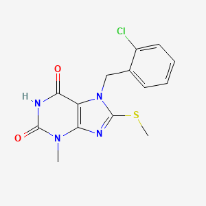 molecular formula C14H13ClN4O2S B2738142 7-(2-Chloro-benzyl)-3-methyl-8-methylsulfanyl-3,7-dihydro-purine-2,6-dione CAS No. 313380-53-9