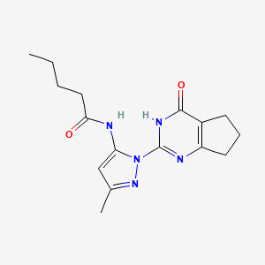 molecular formula C16H21N5O2 B2738182 N-(3-methyl-1-(4-oxo-4,5,6,7-tetrahydro-3H-cyclopenta[d]pyrimidin-2-yl)-1H-pyrazol-5-yl)pentanamide CAS No. 1003799-17-4