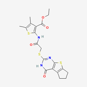 molecular formula C20H21N3O4S3 B2738203 乙基-2-({[(4-羟基-6,7-二氢-5H-环戊[4,5]噻吩[2,3-d]嘧啶-2-基)硫代乙酰]氨基)-4,5-二甲基噻吩-3-羧酸酯 CAS No. 488129-18-6