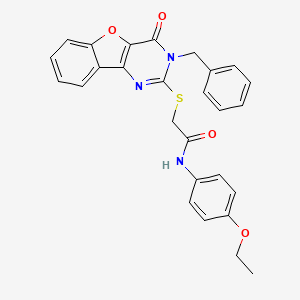 molecular formula C27H23N3O4S B2738271 2-({5-苄基-6-氧代-8-氧杂-3,5-二氮杂三环[7.4.0.0^{2,7}]十三碳-1(9),2(7),3,10,12-五烯-4-基}硫醚)-N-(4-乙氧基苯基)乙酰胺 CAS No. 866873-64-5