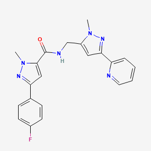 molecular formula C21H19FN6O B2738300 5-(4-Fluorophenyl)-2-methyl-N-[(2-methyl-5-pyridin-2-ylpyrazol-3-yl)methyl]pyrazole-3-carboxamide CAS No. 2320467-06-7