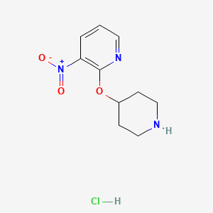 molecular formula C10H14ClN3O3 B2738338 3-Nitro-2-(piperidin-4-yloxy)pyridine hydrochloride CAS No. 1185313-15-8