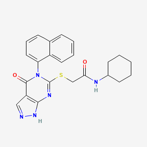 molecular formula C23H23N5O2S B2738400 N-cyclohexyl-2-((5-(naphthalen-1-yl)-4-oxo-4,5-dihydro-1H-pyrazolo[3,4-d]pyrimidin-6-yl)thio)acetamide CAS No. 387882-36-2