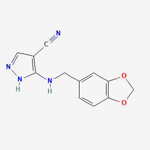 molecular formula C12H10N4O2 B2738420 5-[(1,3-benzodioxol-5-ylmethyl)amino]-1H-pyrazole-4-carbonitrile CAS No. 1025724-89-3