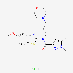 molecular formula C21H28ClN5O3S B2738441 N-(5-methoxybenzo[d]thiazol-2-yl)-1,5-dimethyl-N-(3-morpholinopropyl)-1H-pyrazole-3-carboxamide hydrochloride CAS No. 1216581-55-3