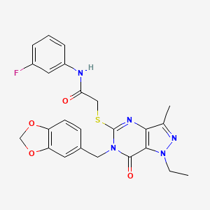 molecular formula C24H22FN5O4S B2738493 2-((6-(苯并[d][1,3]二噁杂环-5-基甲基)-1-乙基-3-甲基-7-氧代-6,7-二氢-1H-吡咯[4,3-d]嘧啶-5-基)硫基)-N-(3-氟苯基)乙酰胺 CAS No. 1359130-94-1