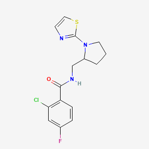 molecular formula C15H15ClFN3OS B2738537 2-氯-4-氟-N-((1-(噻唑-2-基)吡咯烷-2-基)甲基)苯甲酰胺 CAS No. 1795477-45-0