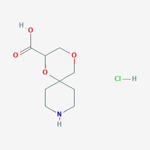 molecular formula C9H16ClNO4 B2738622 1,4-二氧杂-9-氮杂螺[5.5]十一烷-2-羧酸；盐酸盐 CAS No. 2413878-30-3