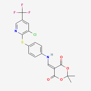 molecular formula C19H14ClF3N2O4S B2738678 5-[[4-[3-Chloro-5-(trifluoromethyl)pyridin-2-yl]sulfanylanilino]methylidene]-2,2-dimethyl-1,3-dioxane-4,6-dione CAS No. 1024547-22-5