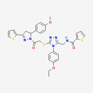 molecular formula C32H30N6O4S3 B2738685 N-[[4-(4-ethoxyphenyl)-5-[2-[3-(4-methoxyphenyl)-5-thiophen-2-yl-3,4-dihydropyrazol-2-yl]-2-oxoethyl]sulfanyl-1,2,4-triazol-3-yl]methyl]thiophene-2-carboxamide CAS No. 362509-01-1