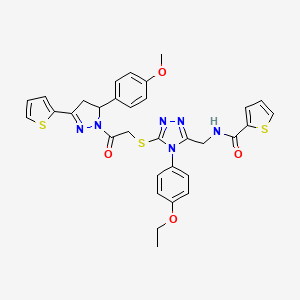 molecular formula C32H30N6O4S3 B2738685 N-{[4-(4-ethoxyphenyl)-5-({2-[5-(4-methoxyphenyl)-3-(thiophen-2-yl)-4,5-dihydro-1H-pyrazol-1-yl]-2-oxoethyl}sulfanyl)-4H-1,2,4-triazol-3-yl]methyl}thiophene-2-carboxamide CAS No. 362509-01-1