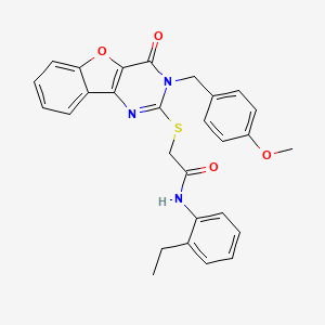 molecular formula C28H25N3O4S B2738709 N-(2-ethylphenyl)-2-({5-[(4-methoxyphenyl)methyl]-6-oxo-8-oxa-3,5-diazatricyclo[7.4.0.0^{2,7}]trideca-1(9),2(7),3,10,12-pentaen-4-yl}sulfanyl)acetamide CAS No. 866873-81-6